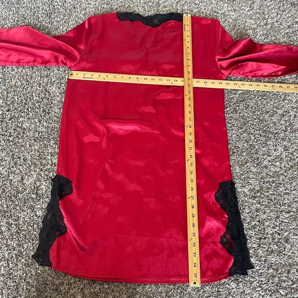 Lingerie Nightgown Size Small Red Satin Black Lace Long Sleeve Sleep Silky Sexy - Picture 14 of 15